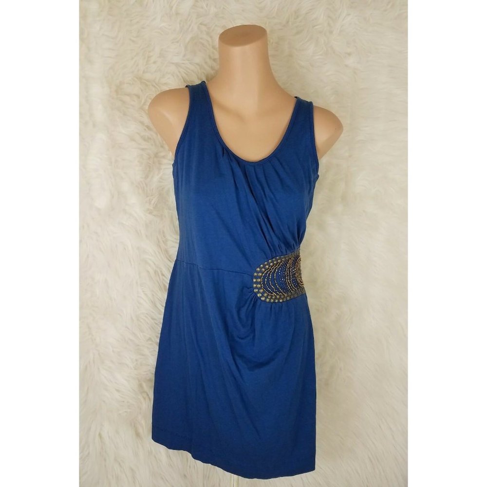 Cullen Womens Sz S Small Sleeveless Dress Blue Gathered Side Gold Embellished C